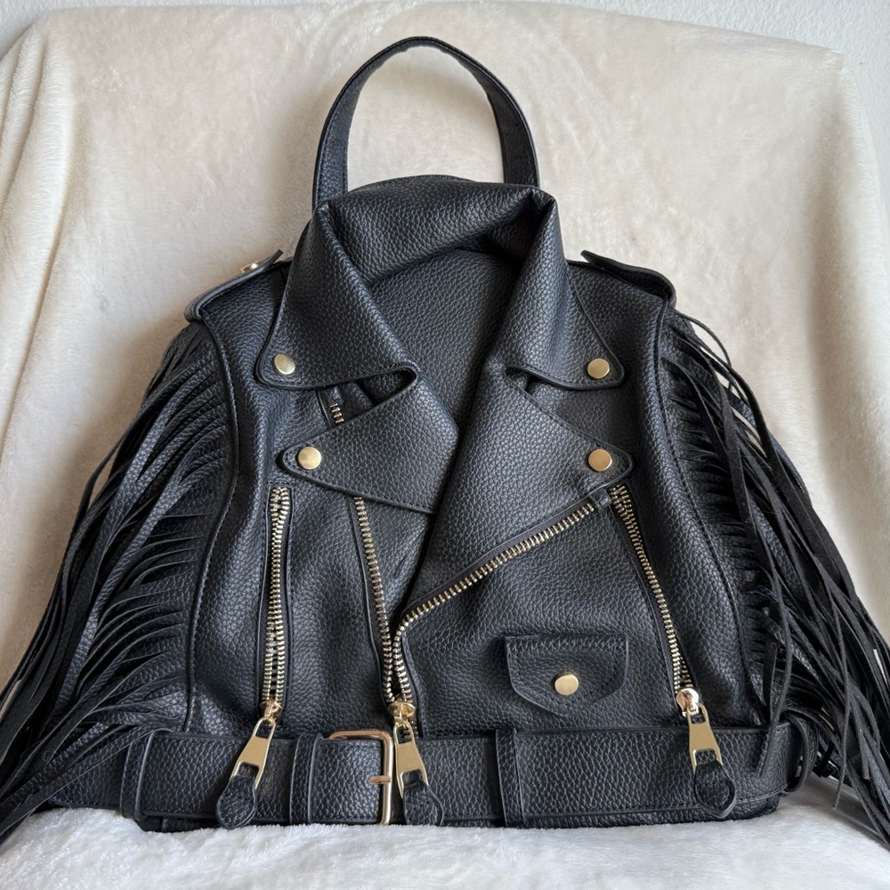 Black Leather Fringe Backpack